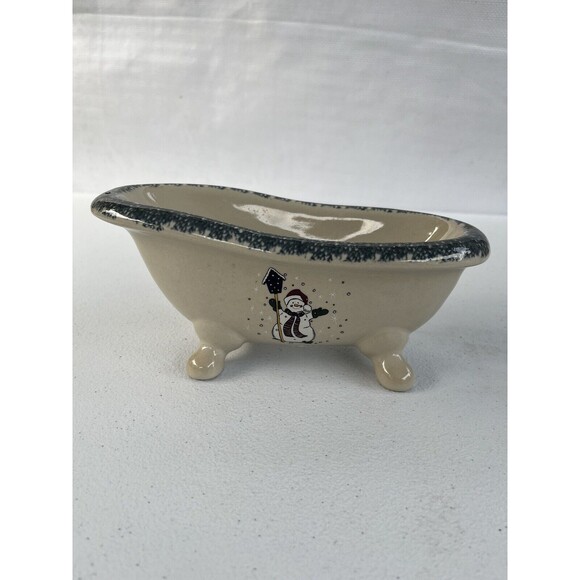 Vintage Bathtub Mini Tub Candleholder with Snowman Decor Blue Trim - Picture 1 of 3
